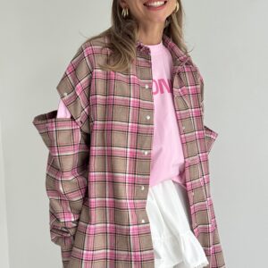 Pink Checked Oversized Shirt with Snap-Button Sleeves