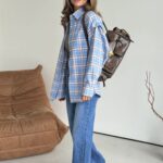 Oversized Plaid Shirt with Snap-Button Sleeves — Shirts — YuNiKo