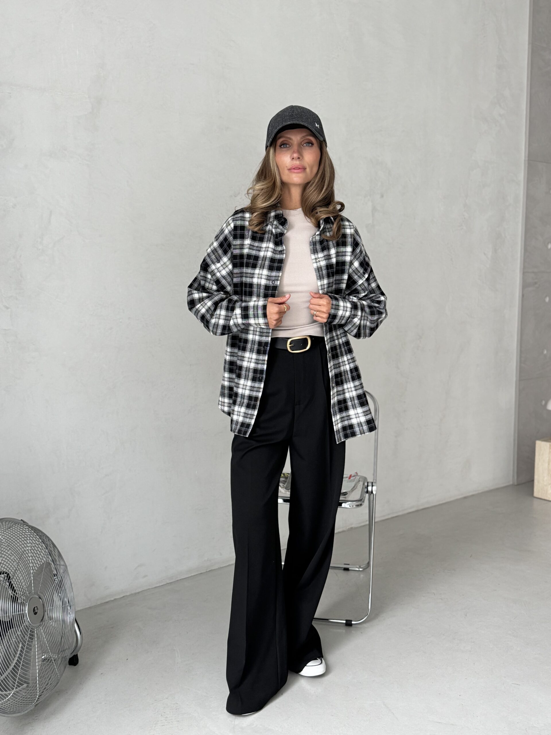 Oversized Plaid Shirt with Snap-Button Sleeves