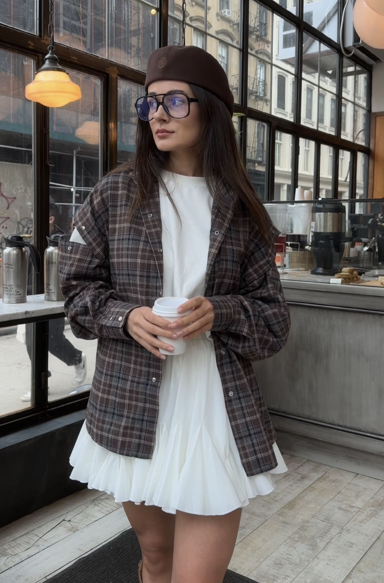 Oversized Plaid Shirt with Snap-Button Sleeves - Image 6