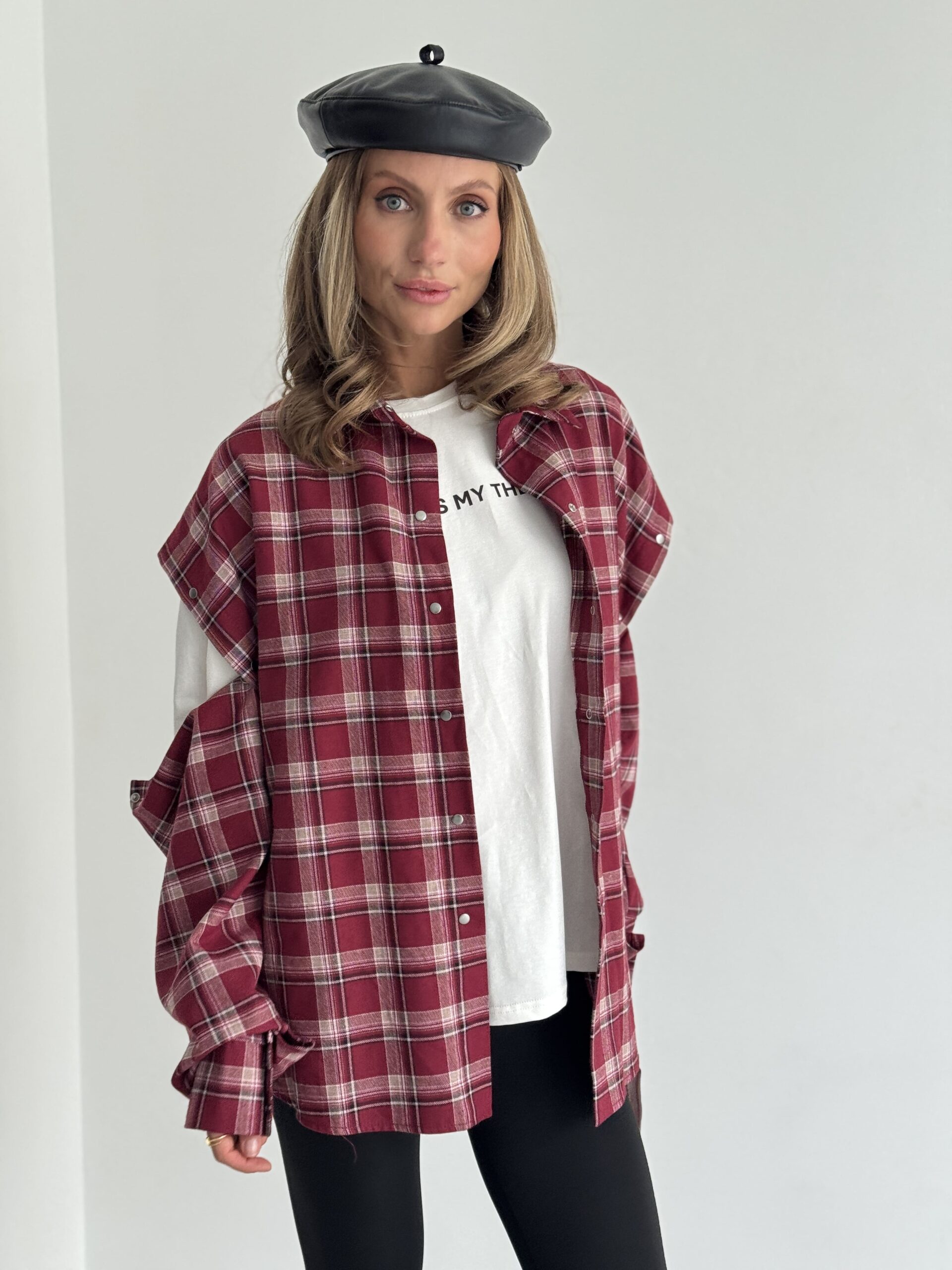 Red Oversized Plaid Shirt with Snap-Button Sleeves - Image 8