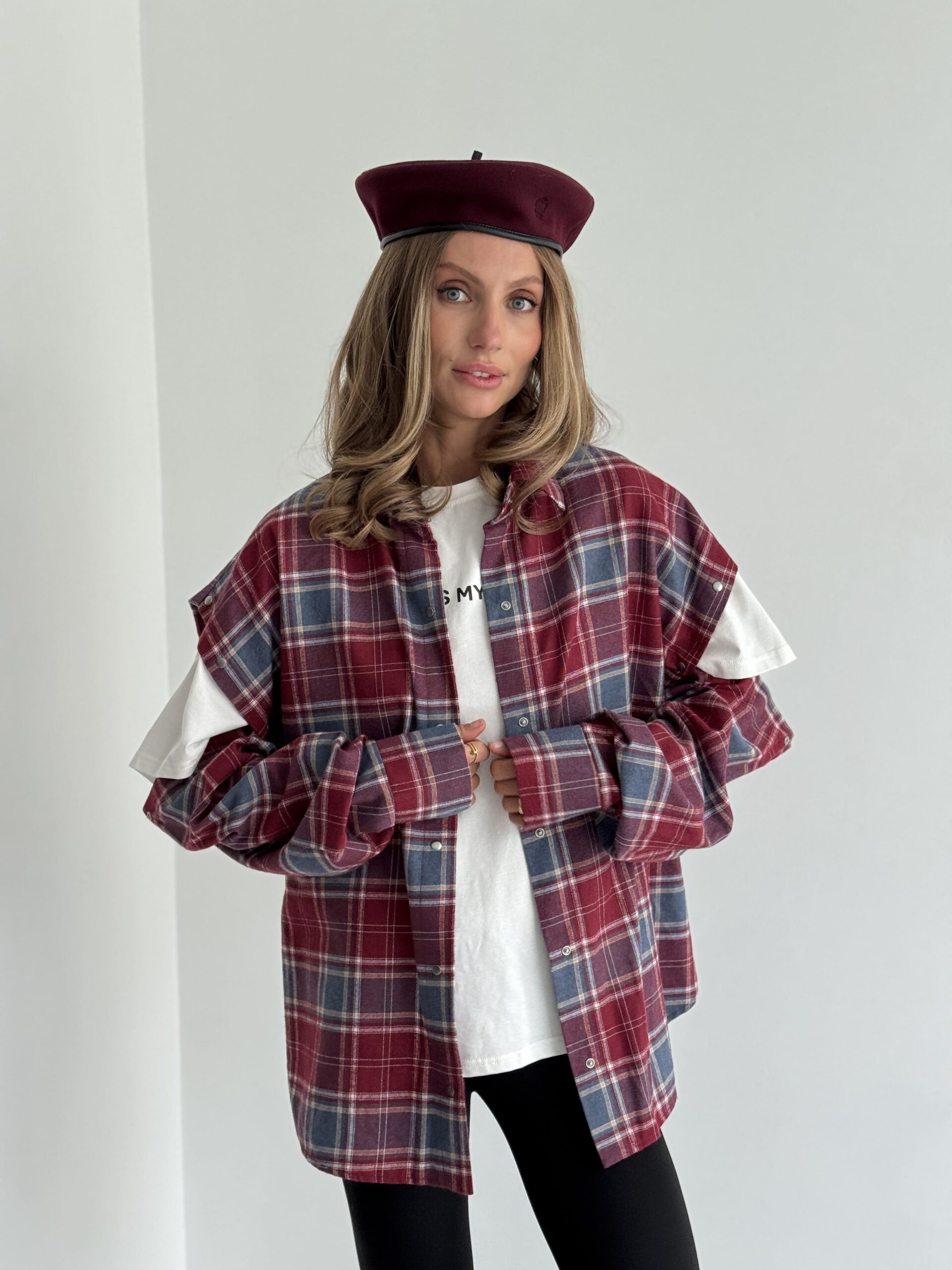 Red Oversized Plaid Shirt with Snap-Button Sleeves - Image 7