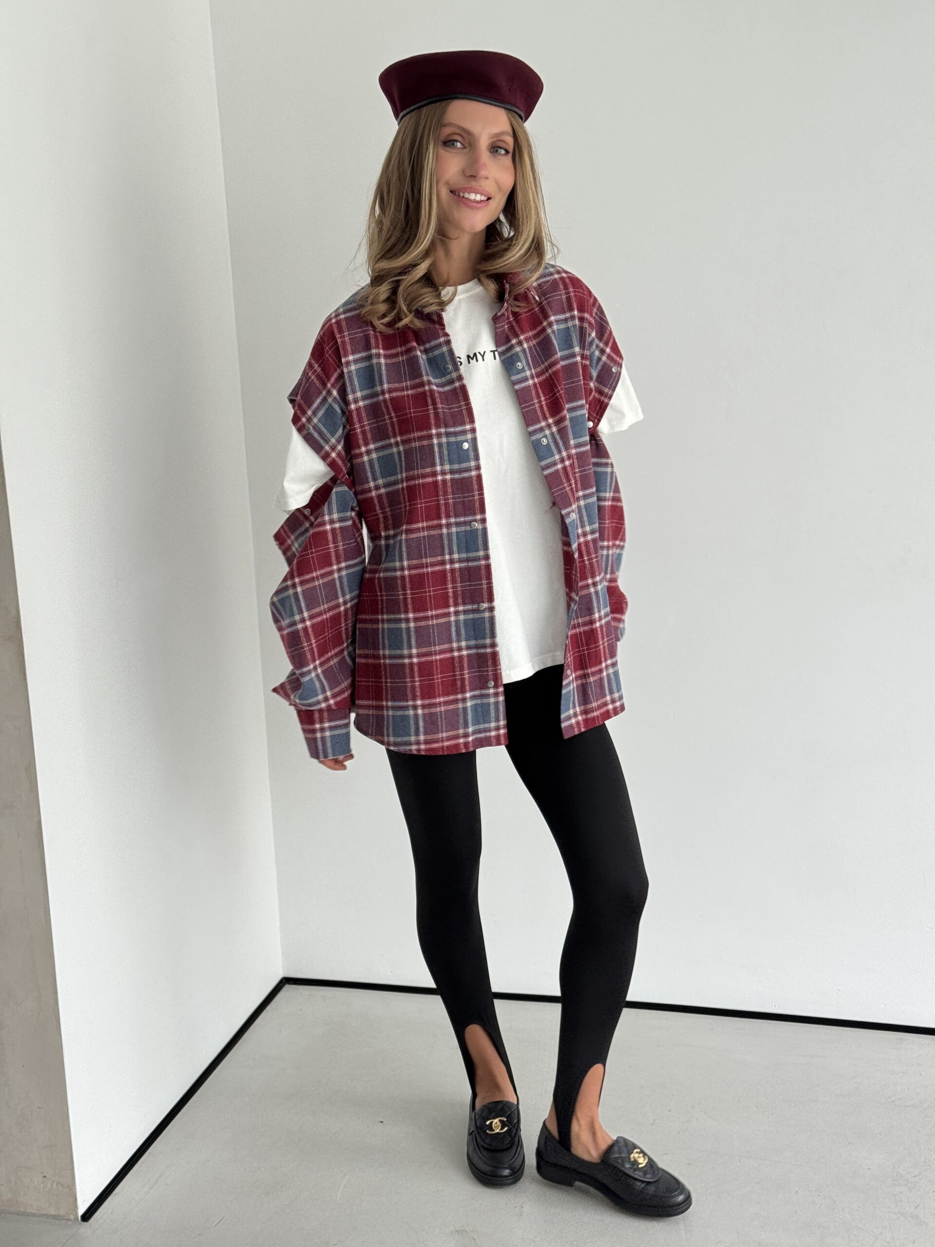 Red Oversized Plaid Shirt with Snap-Button Sleeves - Image 6
