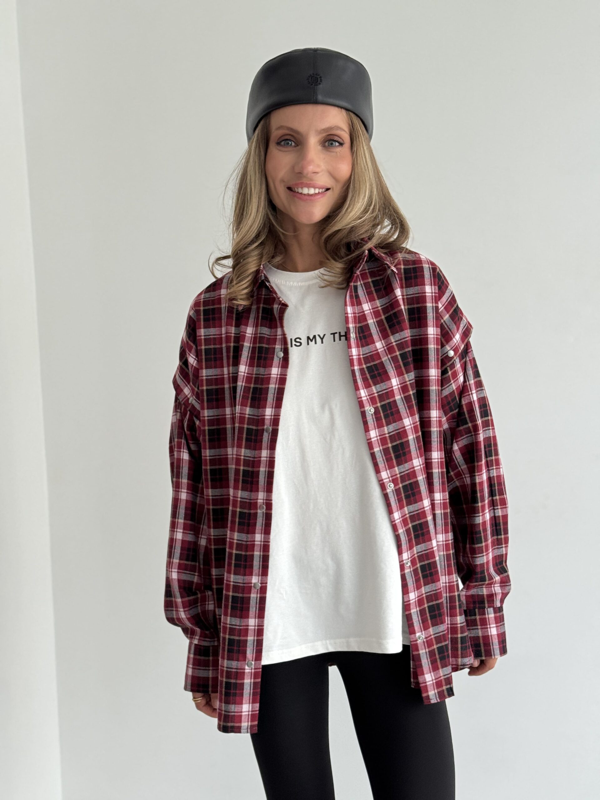Red Oversized Plaid Shirt with Snap-Button Sleeves