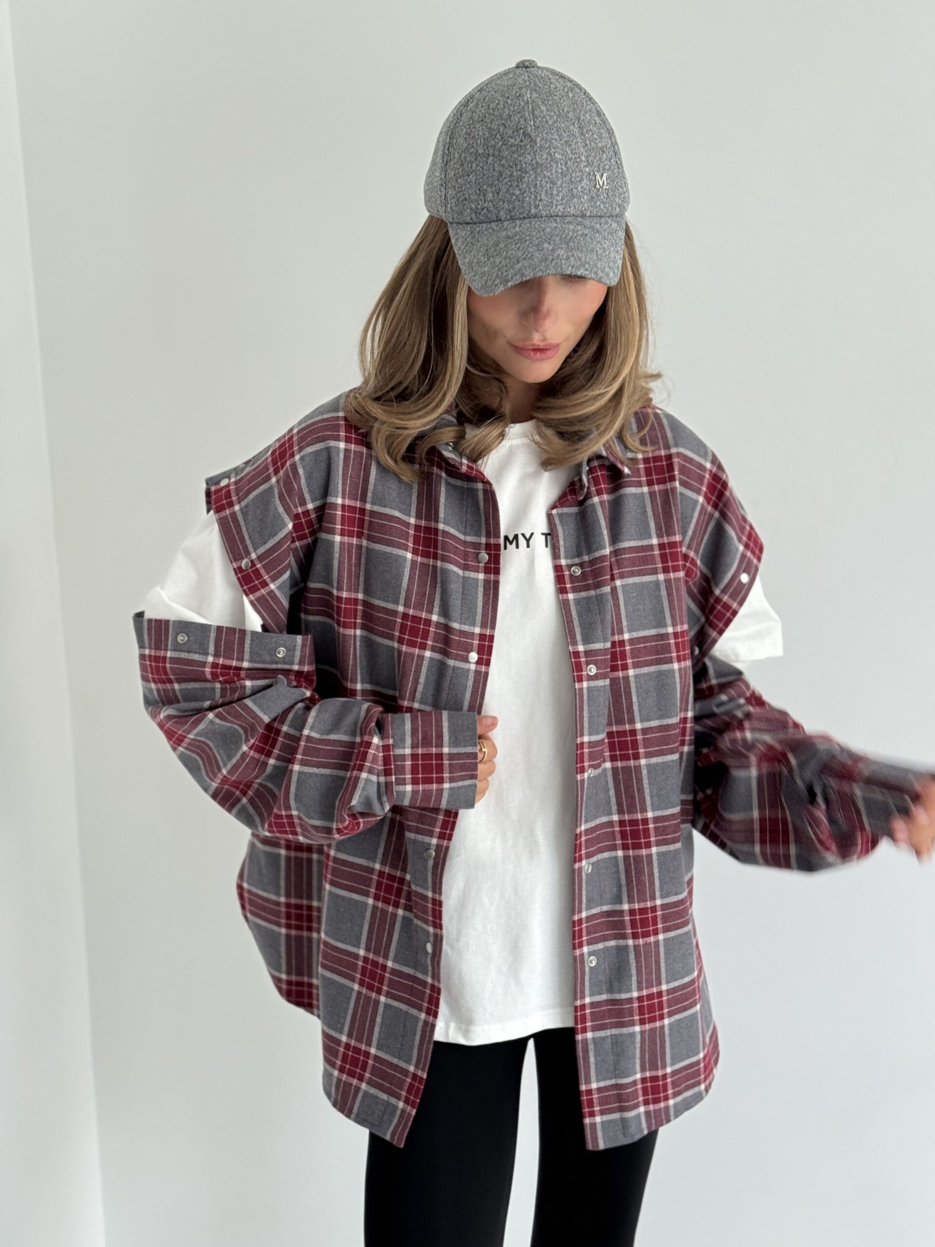 Red Oversized Plaid Shirt with Snap-Button Sleeves - Image 5