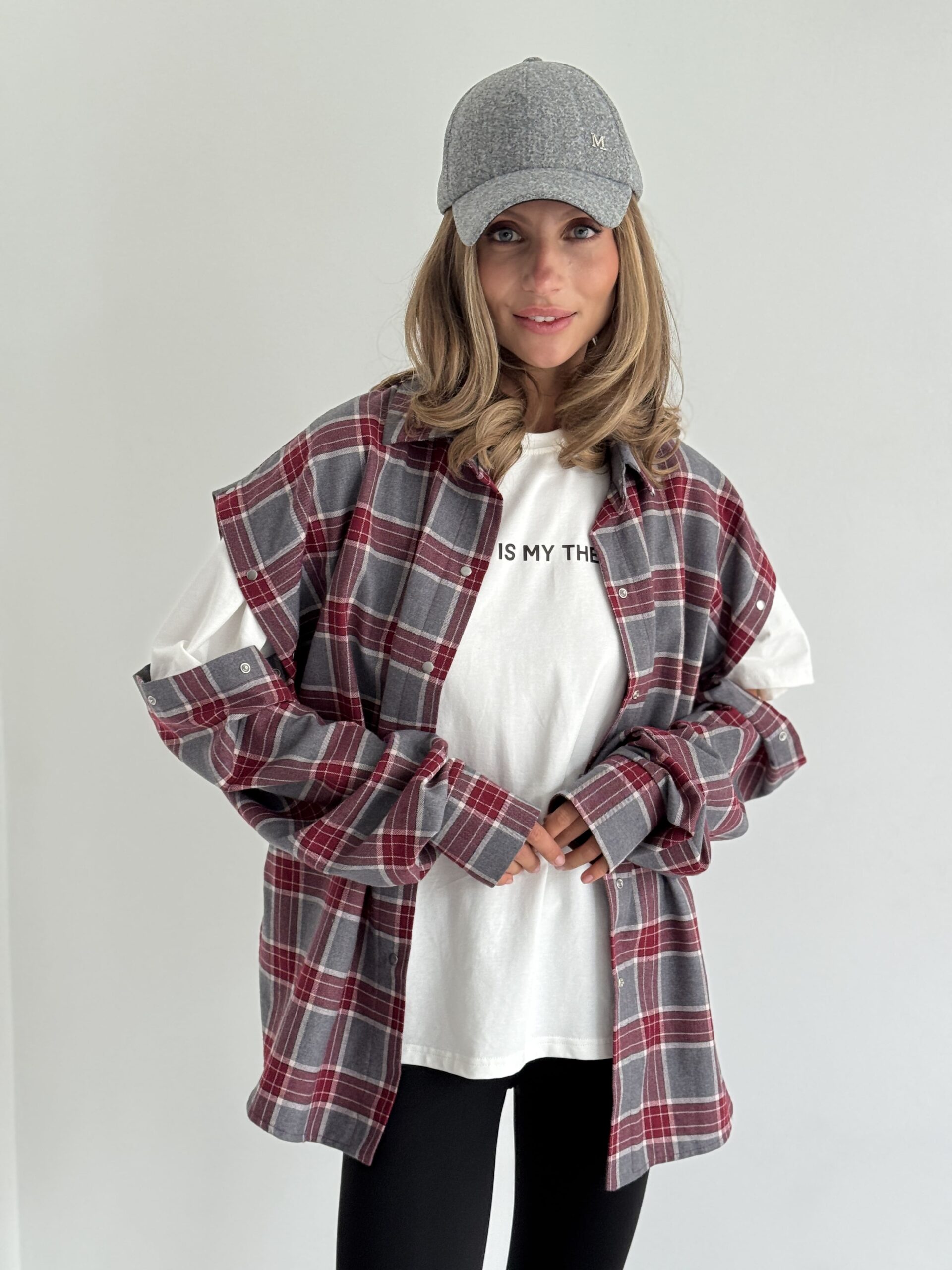Red Oversized Plaid Shirt with Snap-Button Sleeves - Image 4