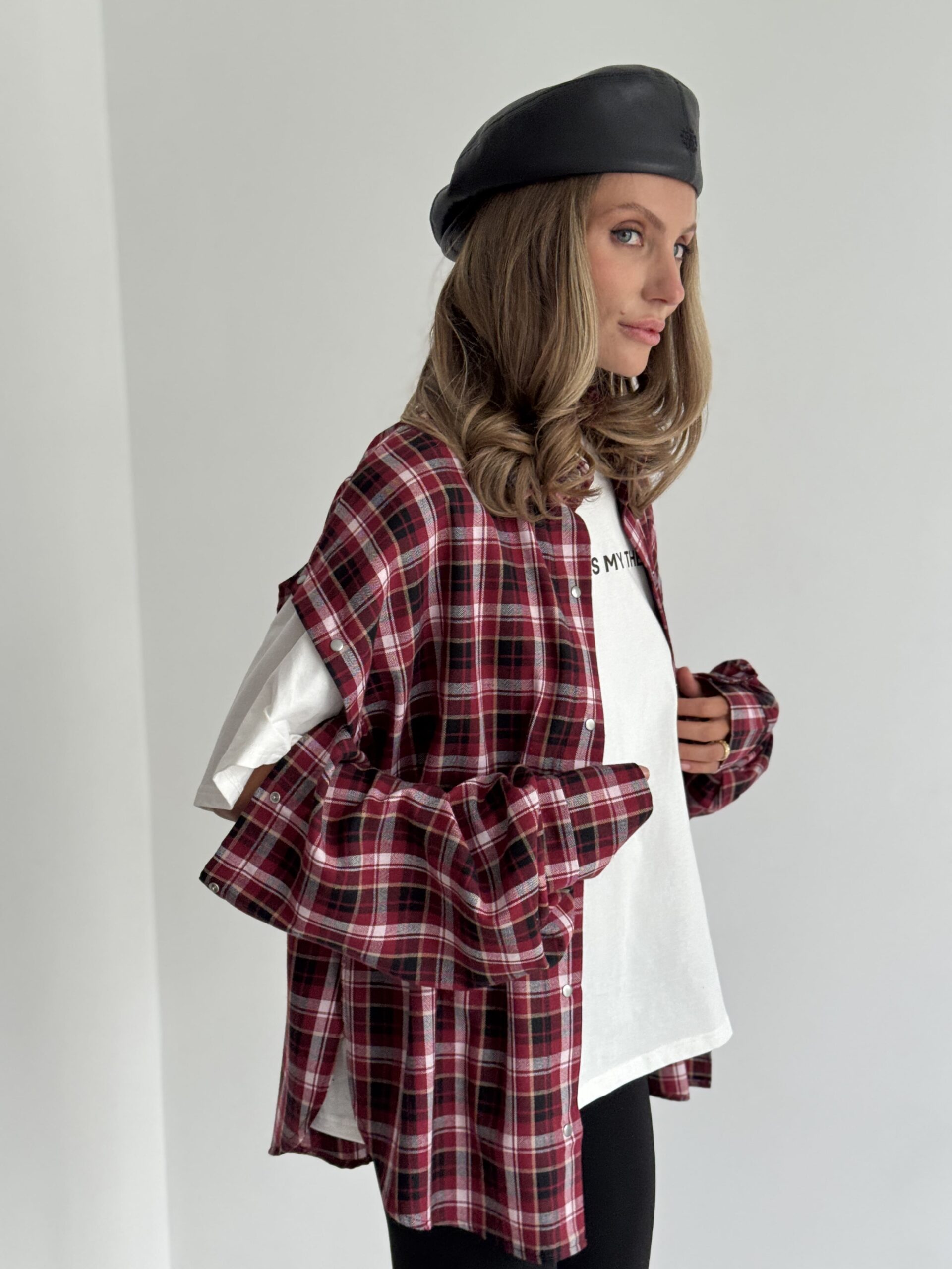 Red Oversized Plaid Shirt with Snap-Button Sleeves - Image 3