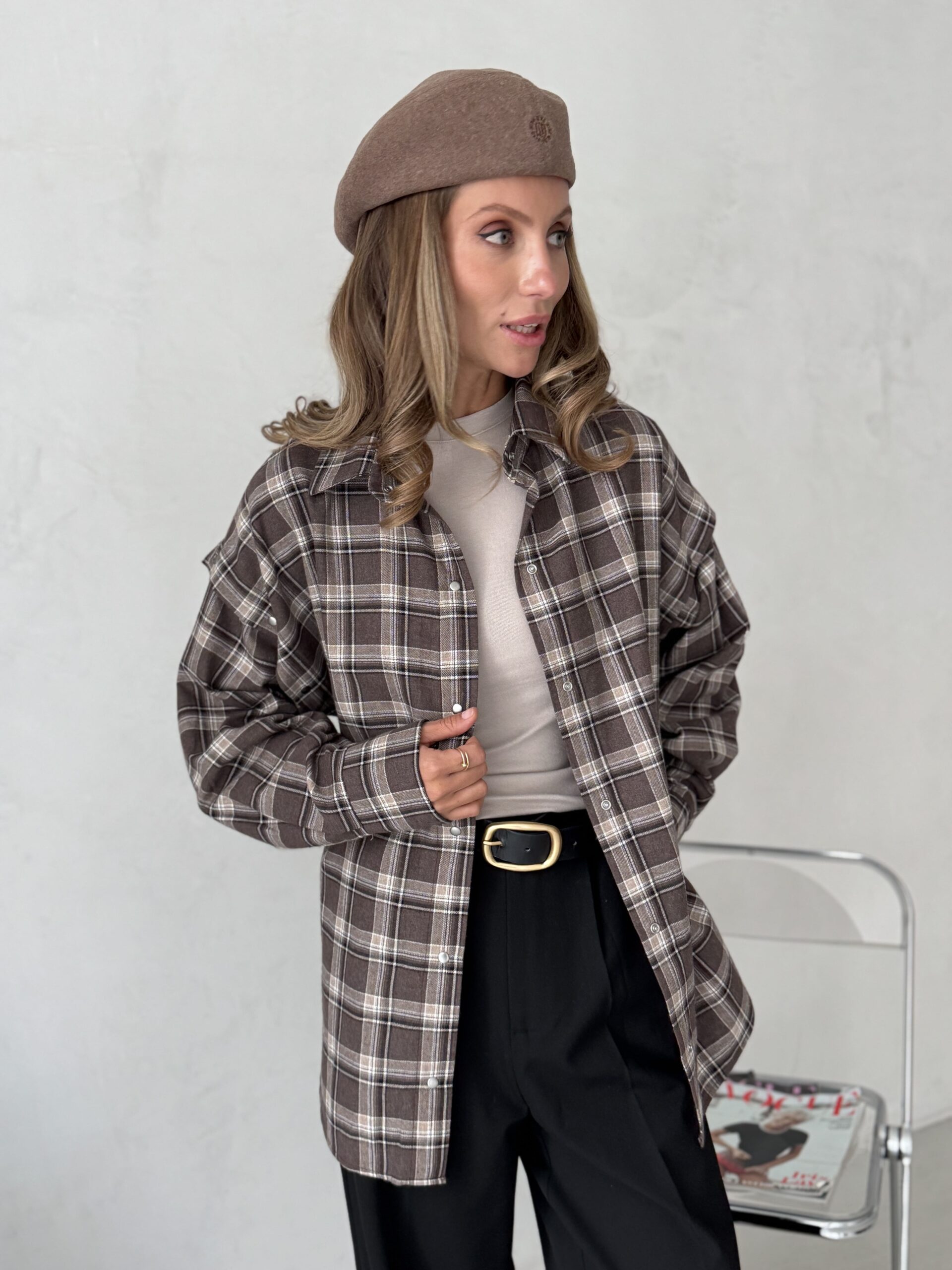Oversized Plaid Shirt with Snap-Button Sleeves